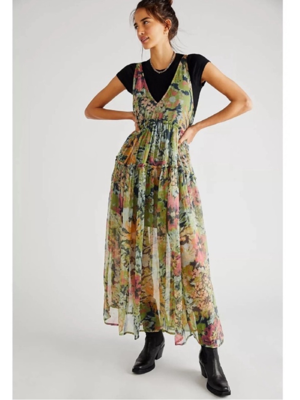 Free People Julianna Maxi Dress Green Sleeveless Tiered Ruffle Size XS